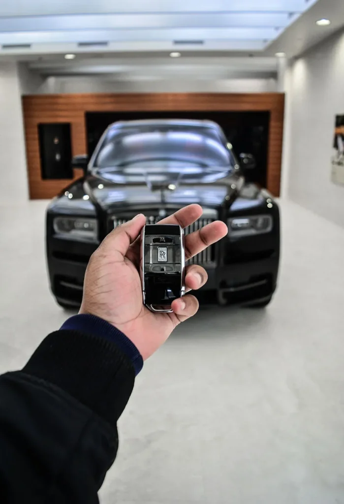 A person holding up their cell phone in front of a car.